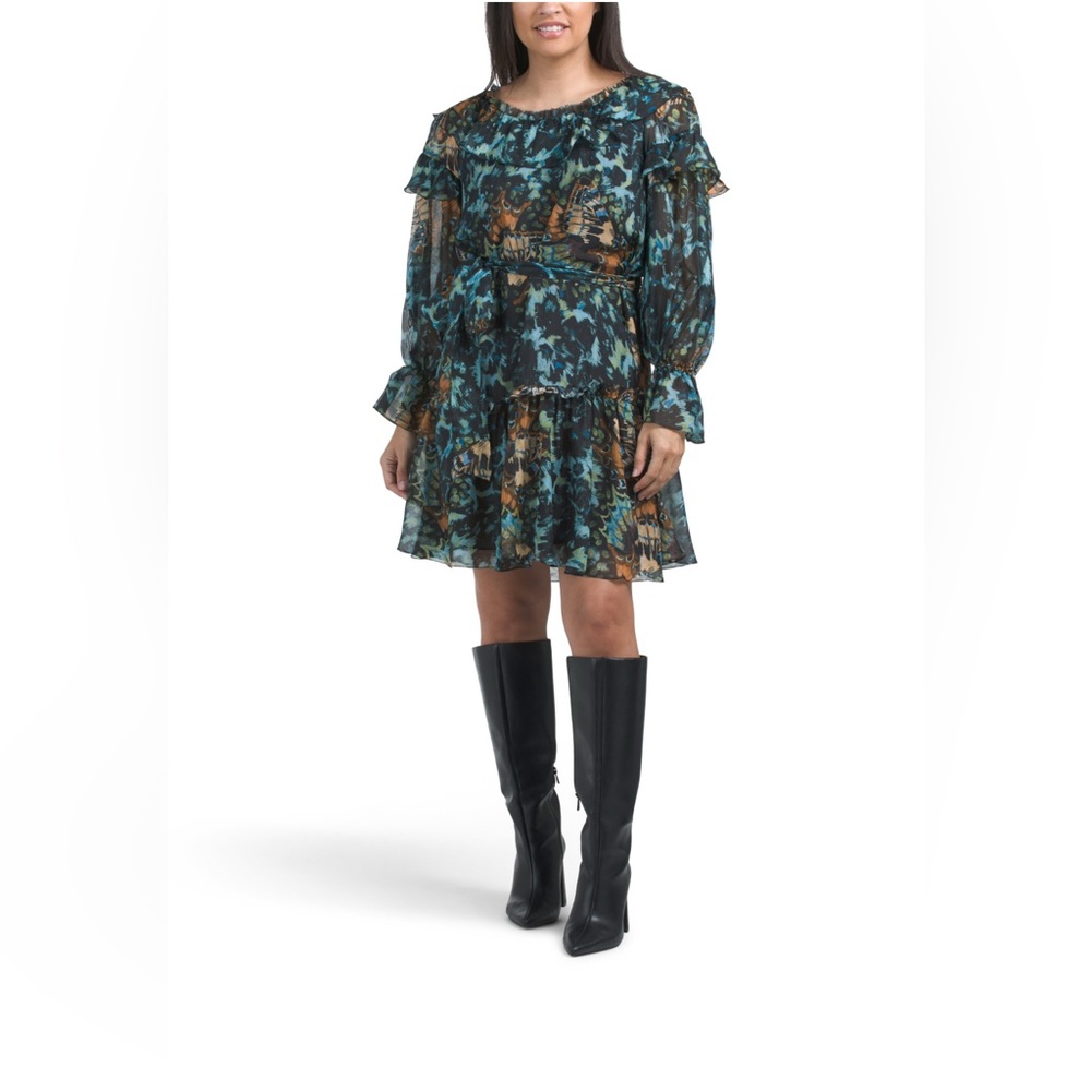 MARCHESA Printed Ruffle Mini Dress      Color: Blue Multi